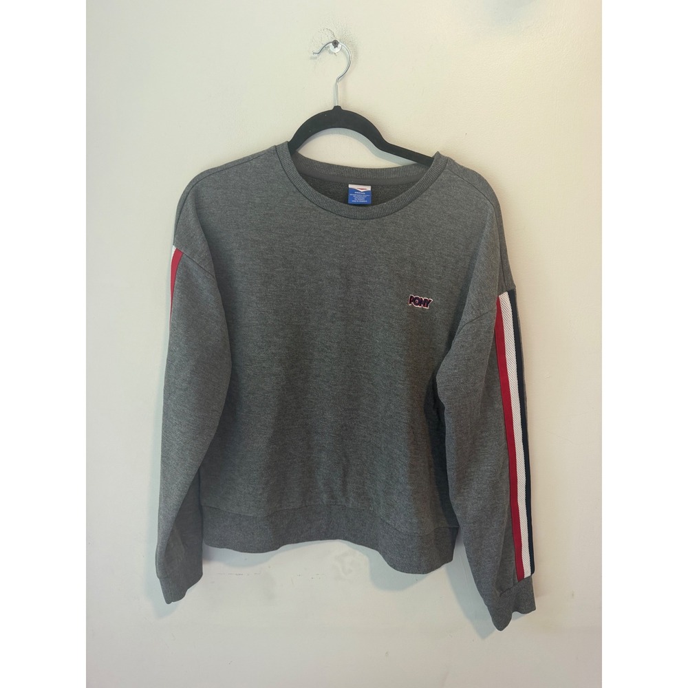 Pony Sweatshirt Gray Crewneck Side Stripe Athletic Fleece Pullover Medium